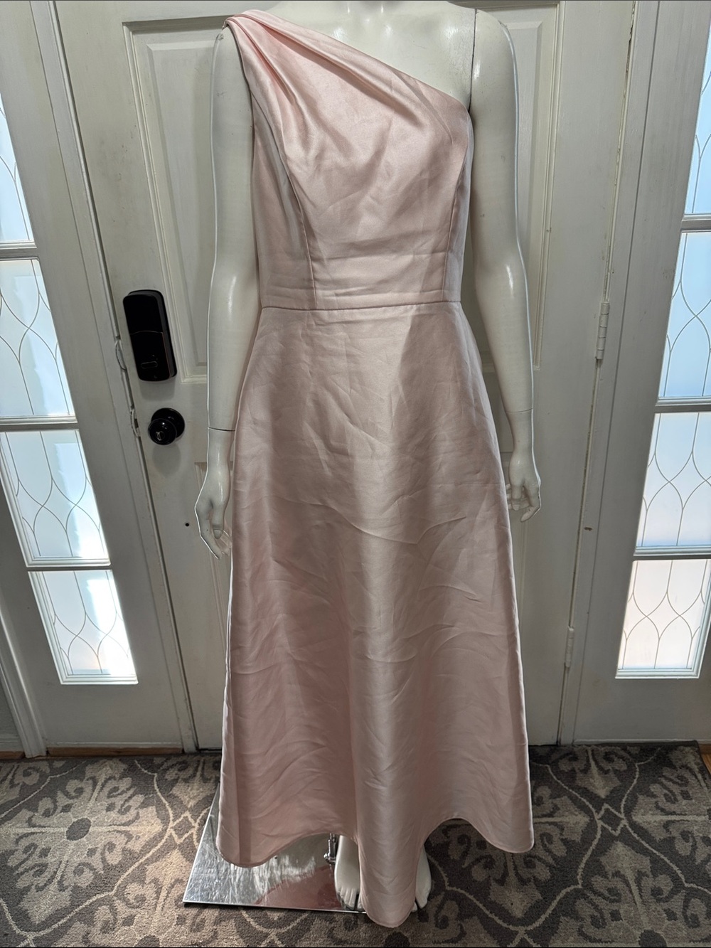 Alfred Sung Pleated Draped One-Shoulder Satin Maxi Dress with Pockets A4